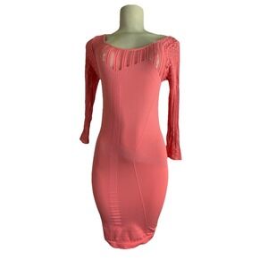Bebe Coral Pink Long Sleeve Bodycon Dress M/L Sexy Stretch Tight Y2K Eighties